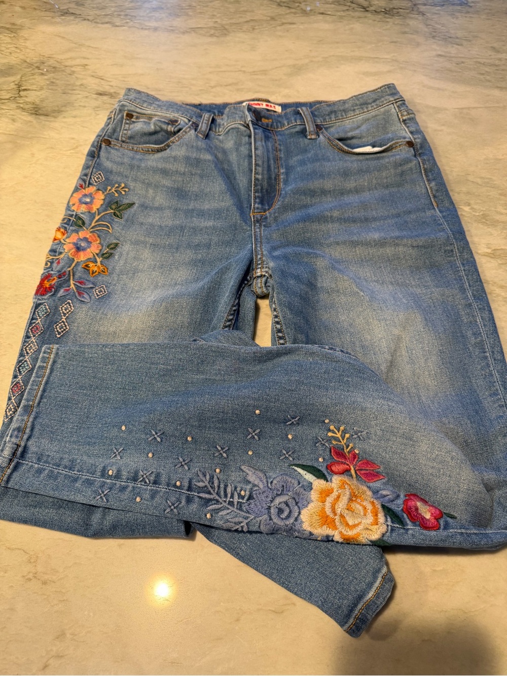 Johnny Was Blue Embroidered Straight-Leg stretch jeans